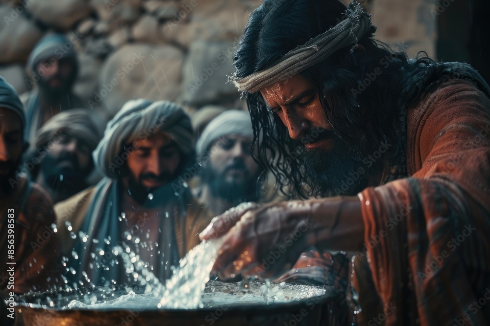 Miracle of Jesus Christ turning water into wine: a transformative event at Cana, demonstrating Christ's divinity and his ability to bring joy and abundance through divine intervention. Miracle of Jesus Christ turning water into wine: a transformative event at Cana, demonstrating Christ's divinity and his ability to bring joy and abundance through divine intervention.