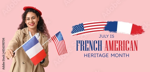 Festive banner for French-American Heritage Month with young African-American woman with USA and France flags photo