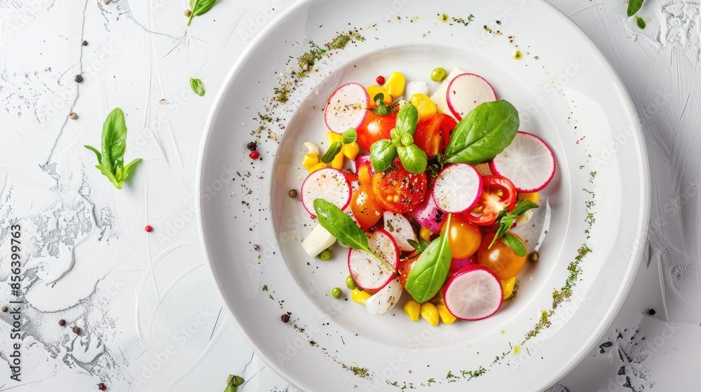 Fresh vegetable salad featuring radish tomatoes and corn or Valerianella locusta White plate diet and vegetarian consumption idea Fresh vegetable salad featuring radish tomatoes and corn or Valerianella locusta White plate diet and vegetarian consumption idea