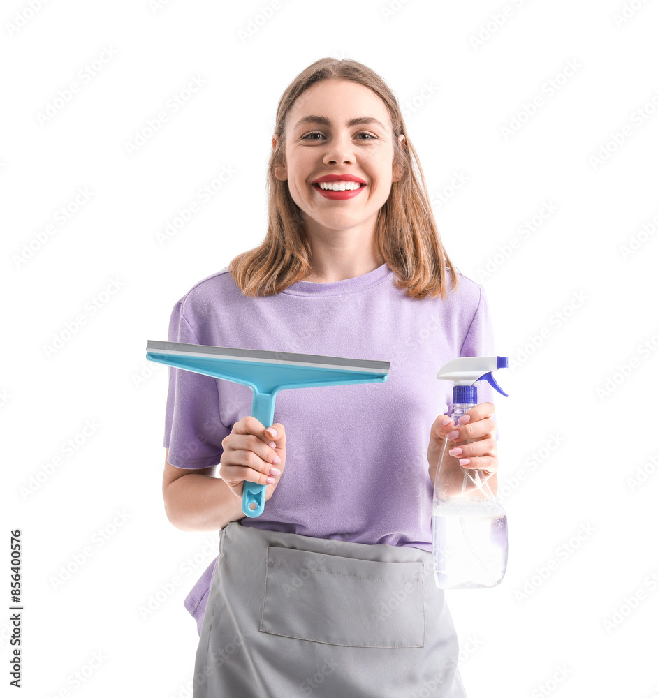Young woman with bottle of detergent and squeegee on white background Young woman with bottle of detergent and squeegee on white background