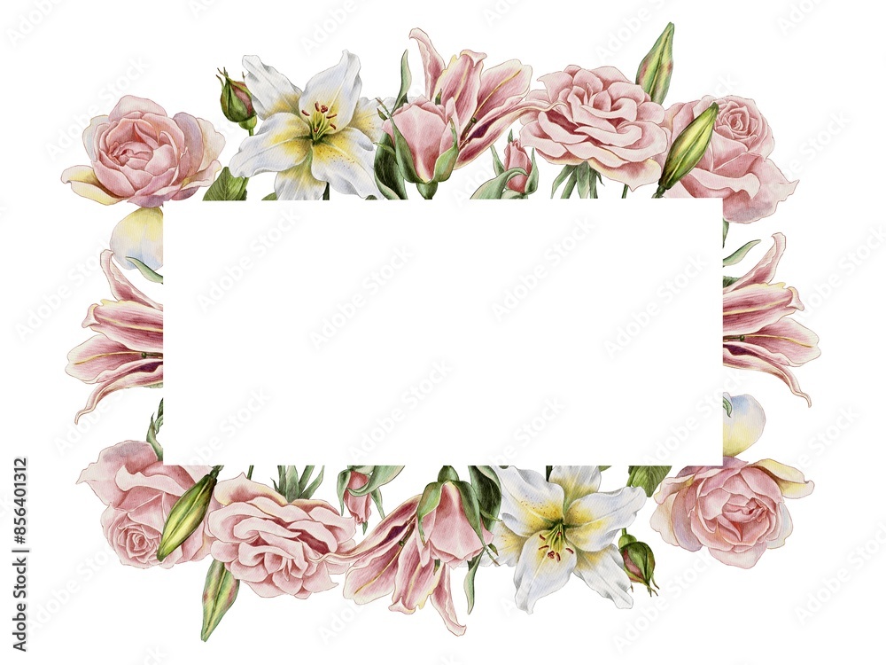 Flowers pink roses and lillies rectangular frame watercolor illustration on white background. For birthday, wedding, party, postcard, printing packaging cosmetic, perfume, supply