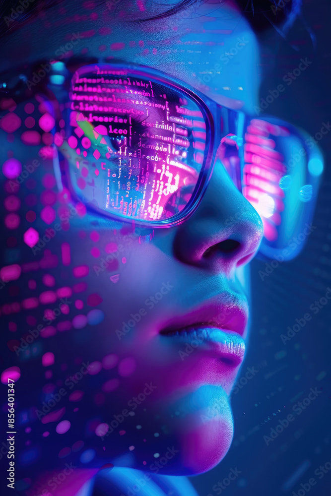 A closeup portrait of a person wearing glasses with code reflected in the lenses. The persons face is illuminated by blue and purple lighting, creating a futuristic and abstract look A closeup portrait of a person wearing glasses with code reflected in the lenses. The persons face is illuminated by blue and purple lighting, creating a futuristic and abstract look