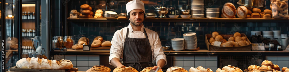 A baker wearing a white chefs jacket and a black apron prepares fresh bread in a modern bakery with shelves stocked with other baked goods A baker wearing a white chefs jacket and a black apron prepares fresh bread in a modern bakery with shelves stocked with other baked goods