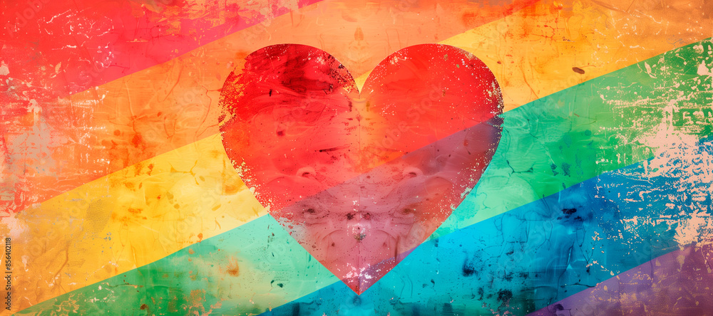 Fototapeta premium Heart pride rainbow lgbt flag gay month love graphic icon. Heart pride rainbow LGBTQ happy background day community art logo symbol lgbtqia post queer poster groovy slogan progress banner retro square