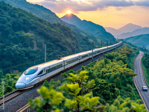 A train is traveling down a track through a forested area. The train is long and sleek, and it is moving quickly. The surrounding landscape is lush and green, with trees photo