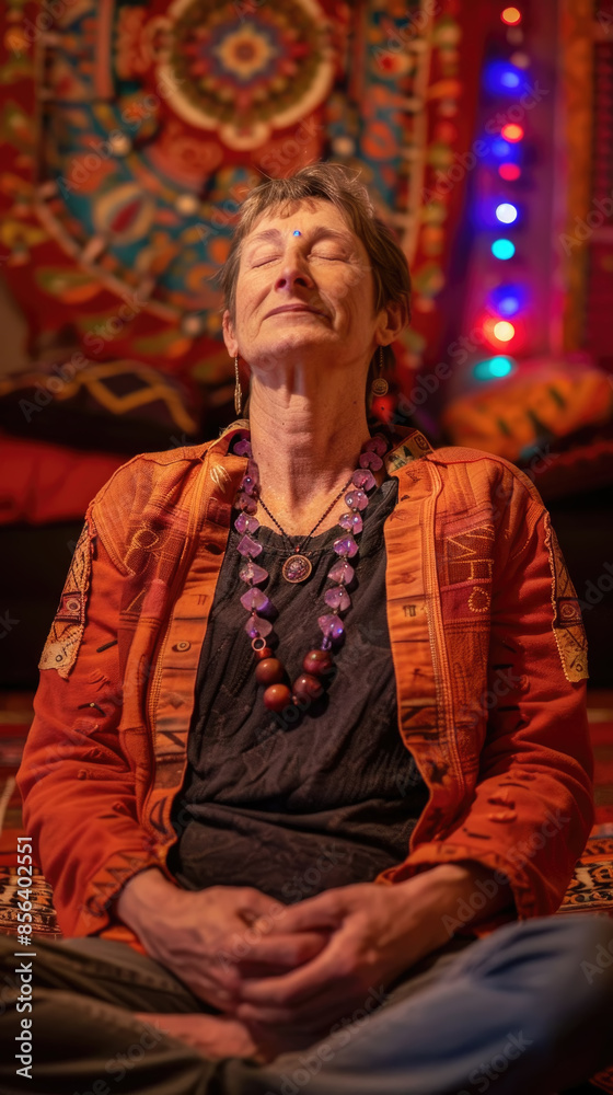 Obraz premium Woman sits cross-legged on a rug, meditating with her eyes closed. The room is warm and inviting with a colorful rug on the wall and string lights casting a soft glow