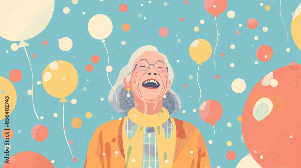 Digitally illustrated image of elderly woman with gray hair laughing with her eyes closed. She is surrounded by blue sky filled with brightly colored balloons and confetti Digitally illustrated image of elderly woman with gray hair laughing with her eyes closed. She is surrounded by blue sky filled with brightly colored balloons and confetti