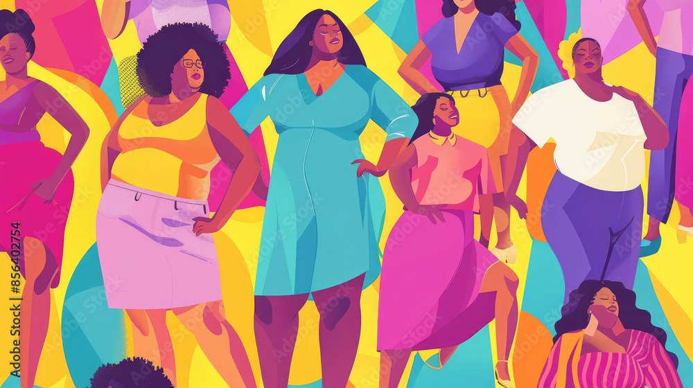 A vibrant illustration showcasing a diverse group of women of color standing together in a variety of colorful clothing. They are all smiling and appear confident and empowered A vibrant illustration showcasing a diverse group of women of color standing together in a variety of colorful clothing. They are all smiling and appear confident and empowered