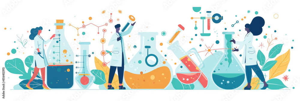 A diverse group of scientists work together in a laboratory setting, conducting experiments with beakers, flasks, and other lab equipment A diverse group of scientists work together in a laboratory setting, conducting experiments with beakers, flasks, and other lab equipment