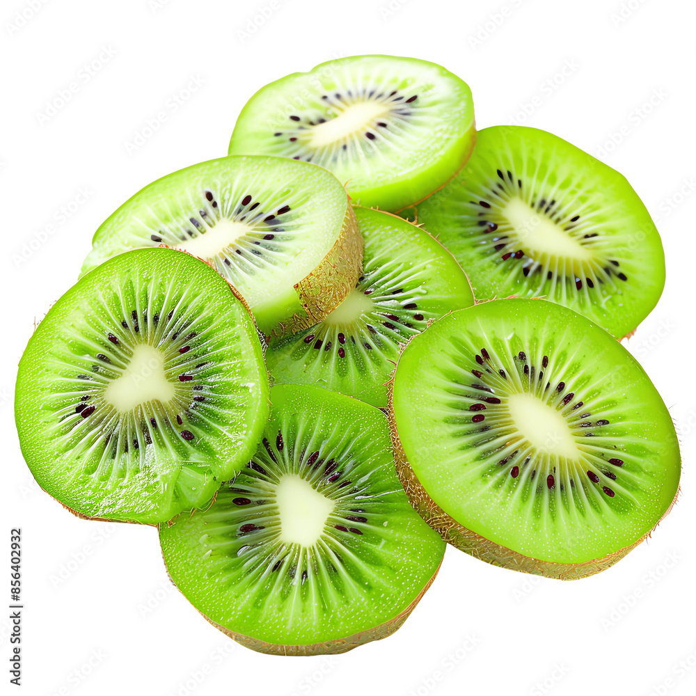 Fototapeta premium Freshly sliced kiwi fruit with vibrant green flesh and tiny black seeds, perfect for healthy eating and nutritious desserts.