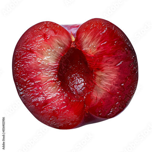 Close-up of a juicy, ripe red plum with glistening texture, showcasing vibrant color and detail for food photography and design projects.
