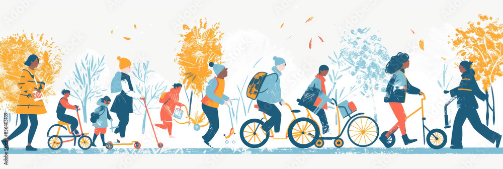 Fototapeta premium An illustration of a group of people enjoying a fall day in the park, riding bikes, scooters, and tricycles