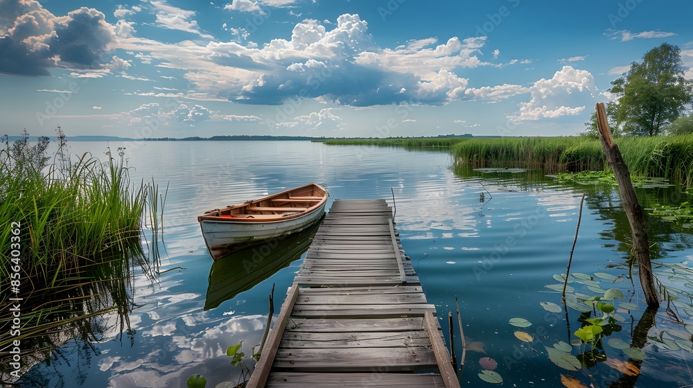 Beautiful lake landscape with row boat and old wooden lake bridge with beautiful sky and cloud background, place for rest and relax, calm water with fresh environment. Beautiful lake landscape with row boat and old wooden lake bridge with beautiful sky and cloud background, place for rest and relax, calm water with fresh environment.