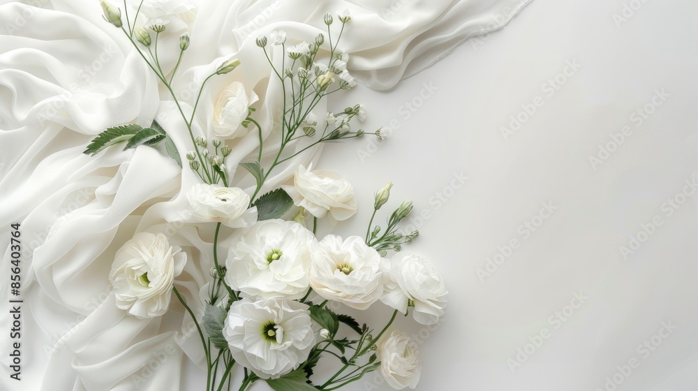 Wedding card mockup with white flower bouquet on white background for greetings and invitations Wedding card mockup with white flower bouquet on white background for greetings and invitations