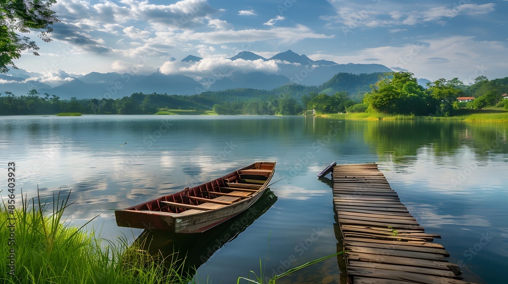 Beautiful lake landscape with row boat and old wooden lake bridge with beautiful sky and cloud background, place for rest and relax, calm water with fresh environment. Beautiful lake landscape with row boat and old wooden lake bridge with beautiful sky and cloud background, place for rest and relax, calm water with fresh environment.