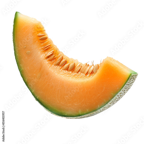 Closeup of a juicy piece of cantaloupe melon slice, isolated on a white background, showing its seeds and texture.