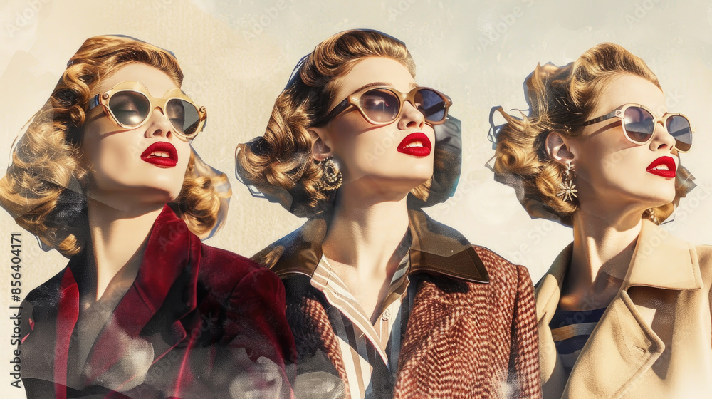 Obraz premium Three women, dressed in a vintage style, wear sunglasses and look up towards the sky during a photo shoot