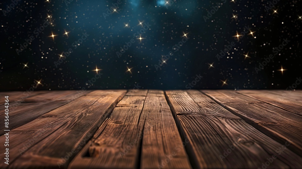 a close up of a rustic empty wooden table with blurred night stars background a close up of a rustic empty wooden table with blurred night stars background