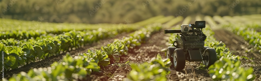 Autonomous driverless small tractor working in vegetable farm, Future 5G technology with smart agriculture farming concept. AI generated illustration Autonomous driverless small tractor working in vegetable farm, Future 5G technology with smart agriculture farming concept. AI generated illustration