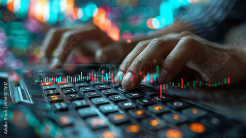 Data scientist, Programmer using laptop analyzing financial data on futuristic virtual interface. Algorithm. Global business development