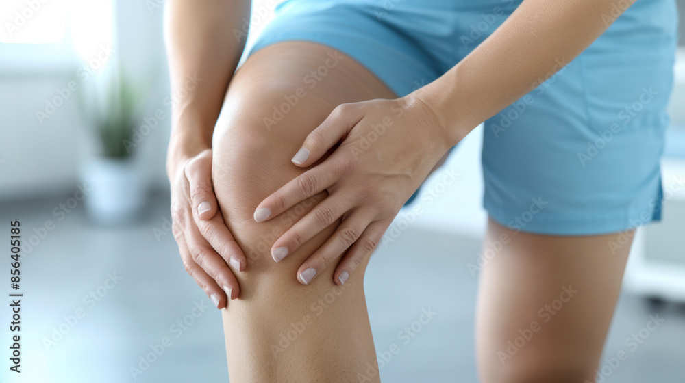A woman is kneeling down with her knee bent and holding her knee A woman is kneeling down with her knee bent and holding her knee