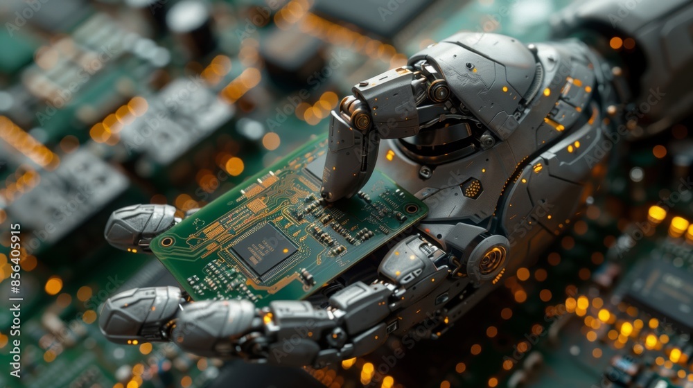 A close-up view of a robotic hand precisely holding a microprocessor above a circuit board filled with electronic components. A close-up view of a robotic hand precisely holding a microprocessor above a circuit board filled with electronic components.