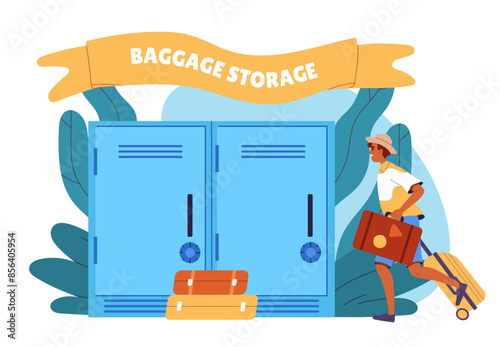 Baggage storage concept. Man with luggage in airport. Safety of personal items and things. Holiday and vacation, tourism and travel. Cartoon flat vector illustration isolated on white background
