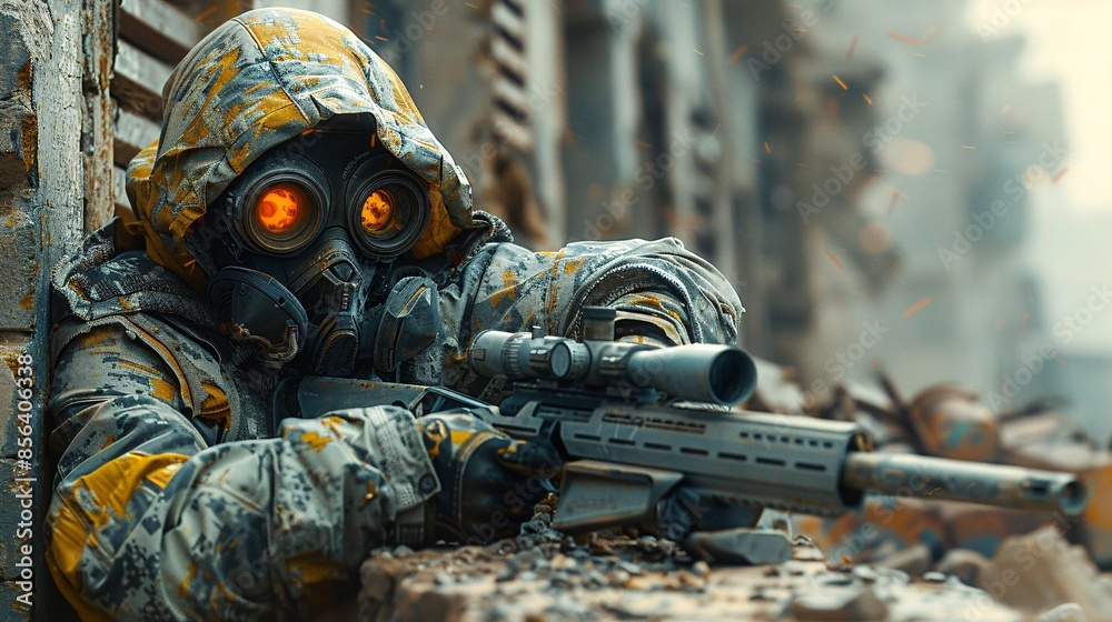 Soldier in Gas Mask with Sniper Rifle. Soldier in Gas Mask with Sniper Rifle.