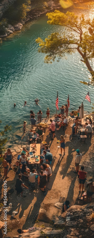 Fototapeta premium Aerial view of a vibrant lakeside summer picnic with people swimming and enjoying festive gatherings under the warm sunlight.