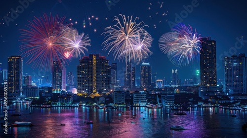 A vibrant display of fireworks illuminates a city skyline at night, reflecting beautifully on the water below in this stunning visual spectacle. © AlexCaelus