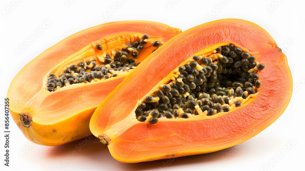 whole and half of ripe papaya fruit with seeds isolated on white background. whole and half of ripe papaya fruit with seeds isolated on white background.