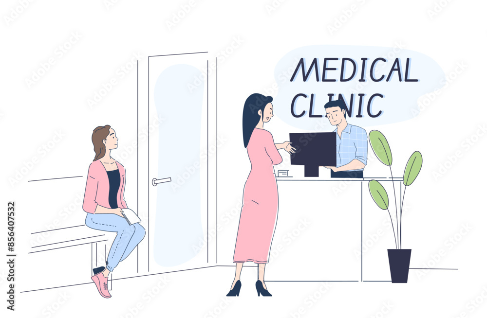 Fototapeta premium Clinic reception concept. People in medical building. Patients waiting for doctors. Health care and medicine, diagnosis and treatment. Linear vector illustration isolated on white background