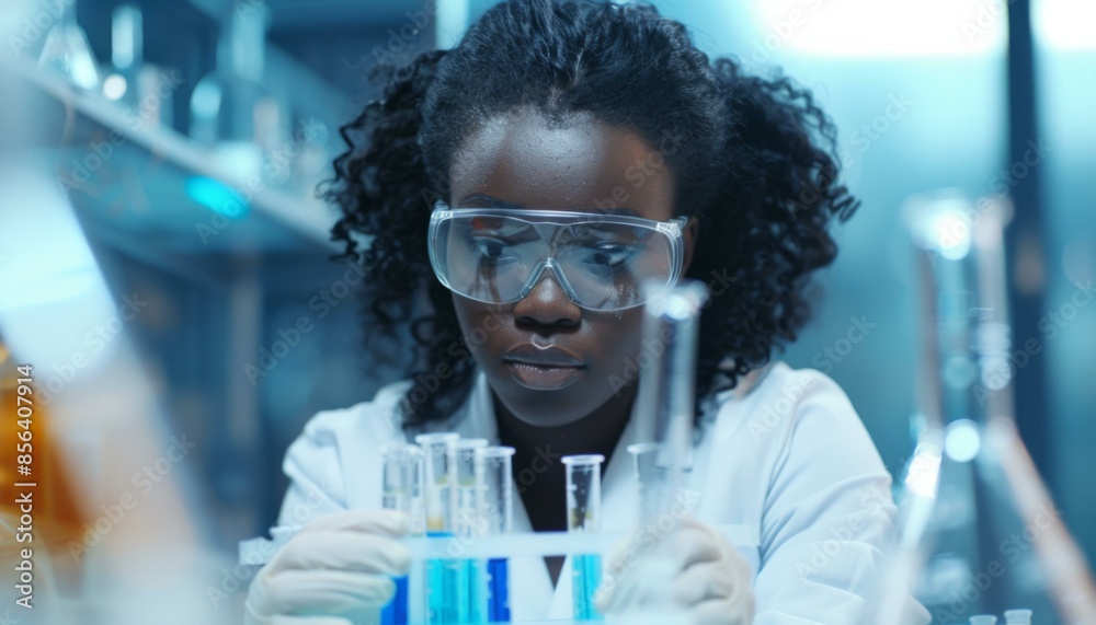 A young female scientist wearing a lab coat and safety goggles carefully examines a rack of test tubes containing blue and yellow liquids in a modern laboratory setting. AI. A young female scientist wearing a lab coat and safety goggles carefully examines a rack of test tubes containing blue and yellow liquids in a modern laboratory setting. AI.