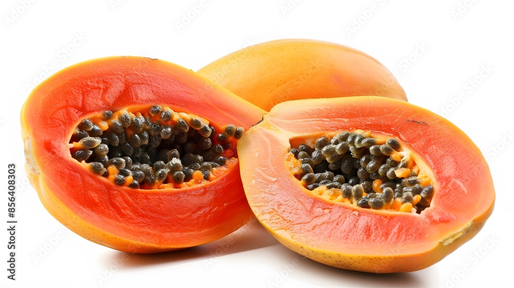 whole and half of ripe papaya fruit with seeds isolated on white background. whole and half of ripe papaya fruit with seeds isolated on white background.
