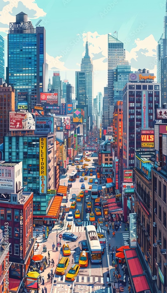 Obraz premium Colorful cityscape of a bustling urban street with skyscrapers, yellow taxis, and vibrant signs under a blue sky.