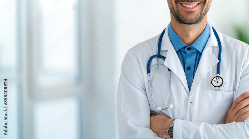 A smiling doctor stands in front of a window with a stethoscope around his neck A smiling doctor stands in front of a window with a stethoscope around his neck