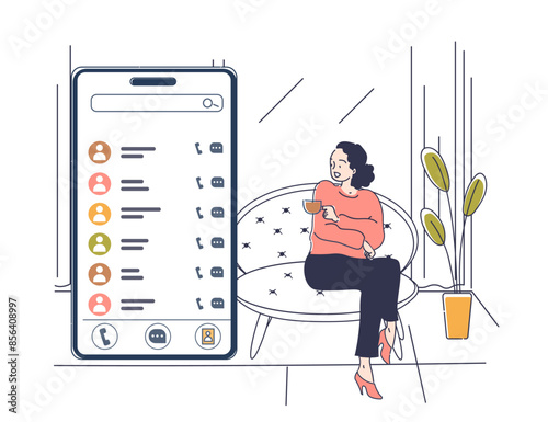 Contact phone book concept. Woman sitting with smartphone with phone numbers of people. Application for texting sms and call to friends. Linear vector illustration isolated on white background