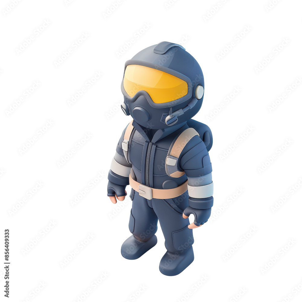 3D illustration of a stylized astronaut in a blue spacesuit, with a yellow visor, standing in a neutral pose. 3D illustration of a stylized astronaut in a blue spacesuit, with a yellow visor, standing in a neutral pose.
