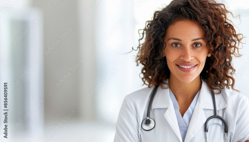 A woman wearing a white coat and a stethoscope is smiling A woman wearing a white coat and a stethoscope is smiling