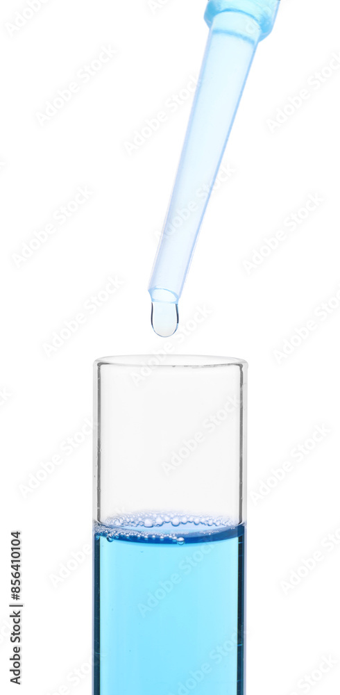 Dripping liquid from pipette into test tube isolated on white, closeup Dripping liquid from pipette into test tube isolated on white, closeup