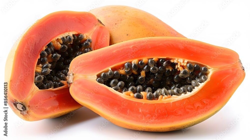 whole and half of ripe papaya fruit with seeds isolated on white background.