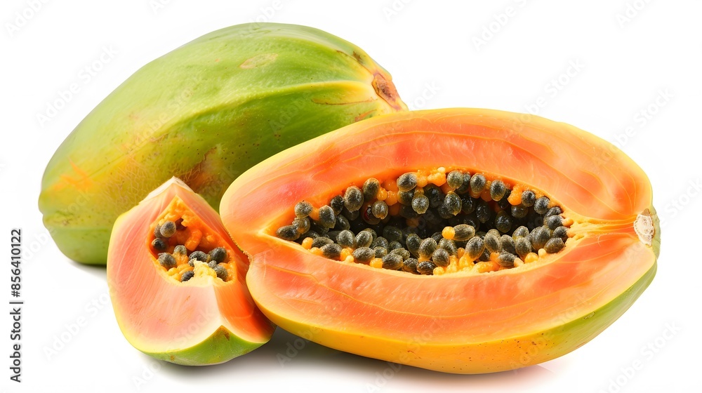 whole and half of ripe papaya fruit with seeds isolated on white background. whole and half of ripe papaya fruit with seeds isolated on white background.
