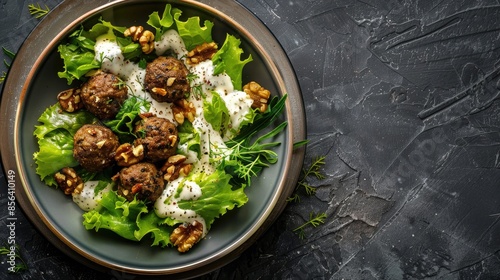 Arrangement of Food with Lettuce Beef Balls Creamy White Sauce and Walnuts photo