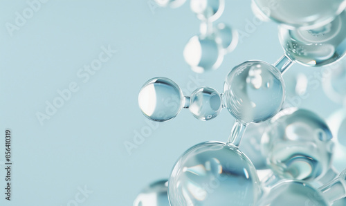Cosmetic or medicine molecule structure with blue atoms connected by bonds, on blue background. Hyaluronic acid atom structure
