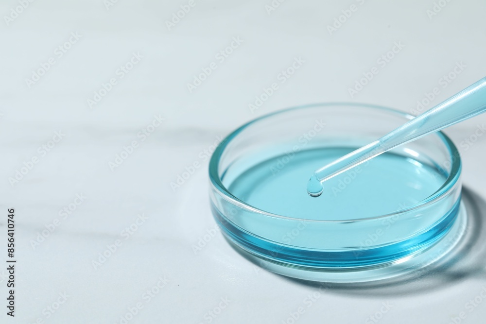 Dripping liquid from pipette into petri dish at white table, closeup. Space for text Dripping liquid from pipette into petri dish at white table, closeup. Space for text