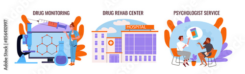 Drug treatment set. Psychologist service, rehab center for monitoring of patients. Treatment of addictions and bad habits. Cartoon flat vector collection isolated on white background