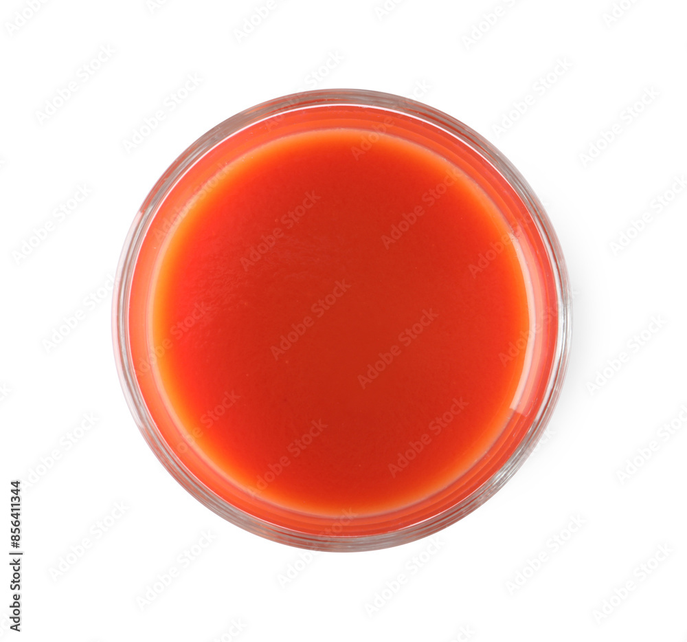 Fresh tomato juice in glass isolated on white, top view Fresh tomato juice in glass isolated on white, top view