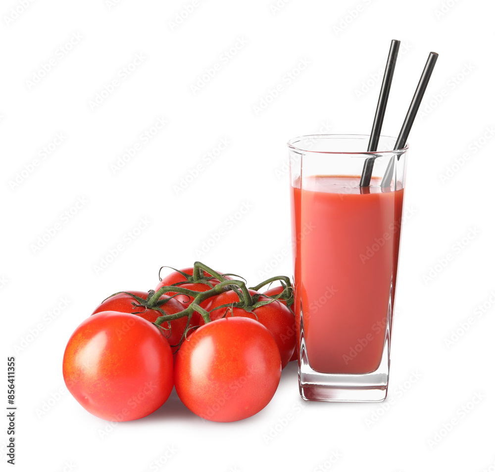 Tasty tomato juice in glass and fresh vegetables isolated on white Tasty tomato juice in glass and fresh vegetables isolated on white