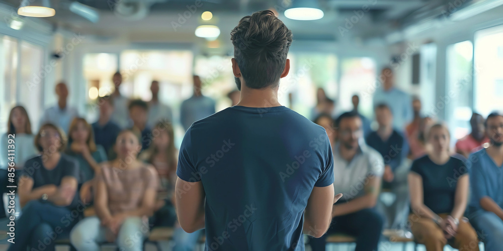 Man Giving Business Presentation in Modern Office Space with Glass Walls and Casual Audience, rear view Man Giving Business Presentation in Modern Office Space with Glass Walls and Casual Audience, rear view
