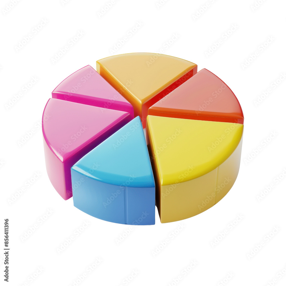 Obraz premium Colorful 3D pie chart with six segments in various colors, representing data visualization and business analytics.